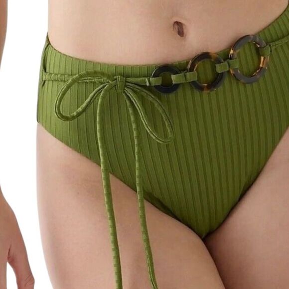 J.Crew Wide Rib High Rise Bikini Bottom Women's Canteen Green NWT M - Picture 1 of 7